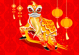 传统花纹新年舞狮灯笼矢量背景