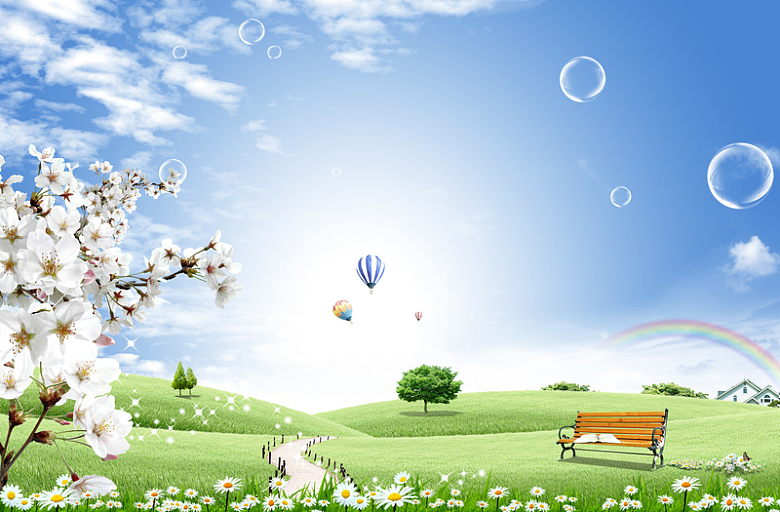 蓝天白云下草地上杏花彩红透明气泡图片