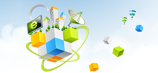 淘宝创意方块彩色气球互联网建筑卡通海报