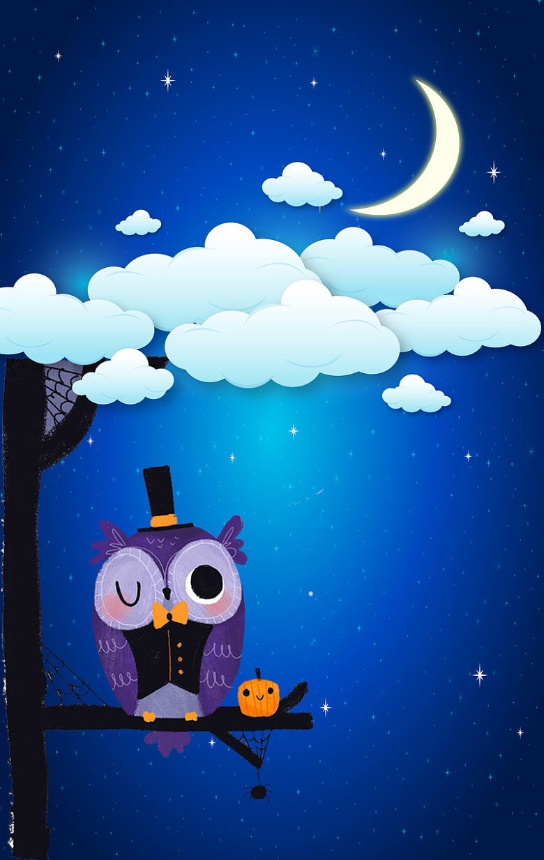 夜晚卡通手绘猫头鹰白云月亮海报背景