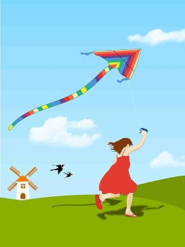 清明插画放风筝海报背景模板
