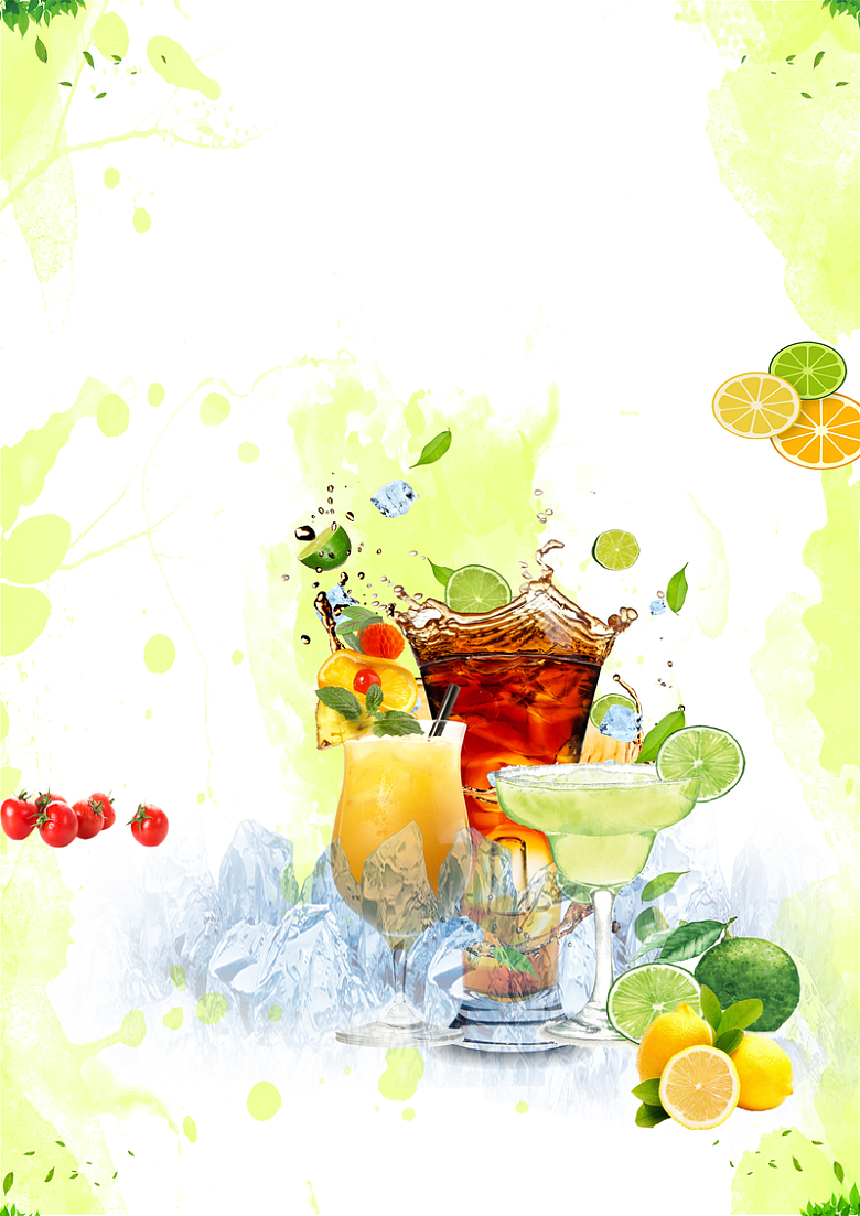 夏日手绘饮料水果冰块背景