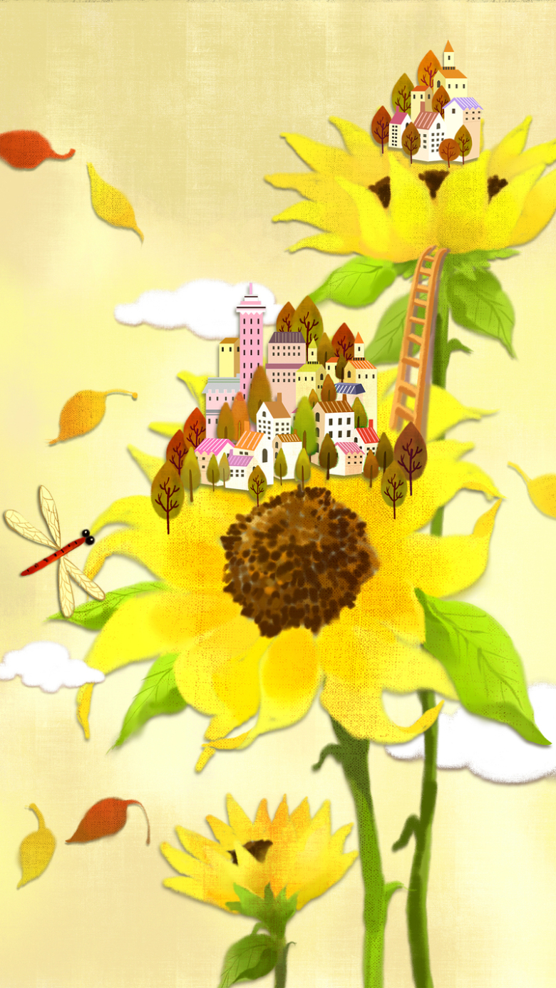 向日葵上的房子手绘儿童h5背景素材免抠素材免费下载 觅元素51yuansu Com