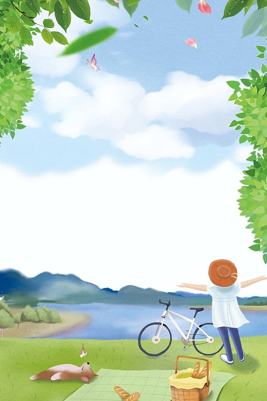 手绘春游女孩背景素材_手绘春游女孩背景图片下载_觅元素