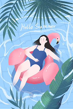 蓝色手绘女孩你好夏天海报