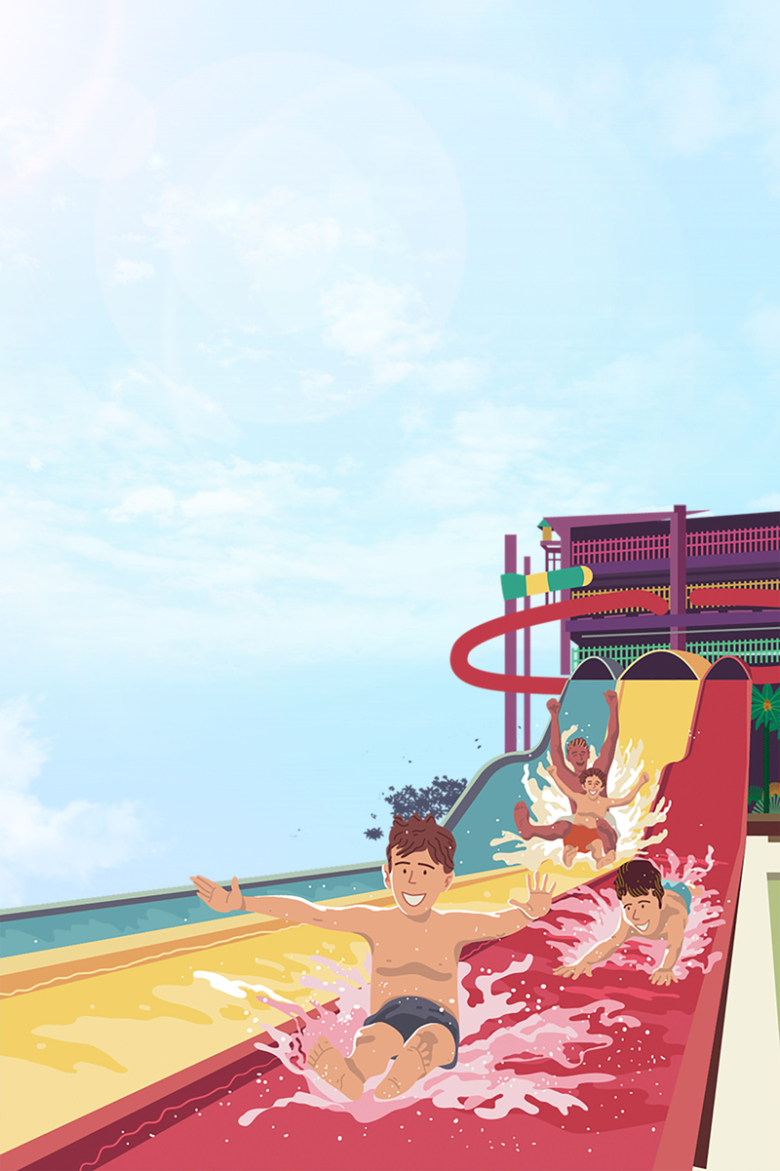 蓝色手绘六一水上乐园人物背景