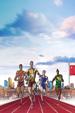 蓝色手绘全民马拉松海报