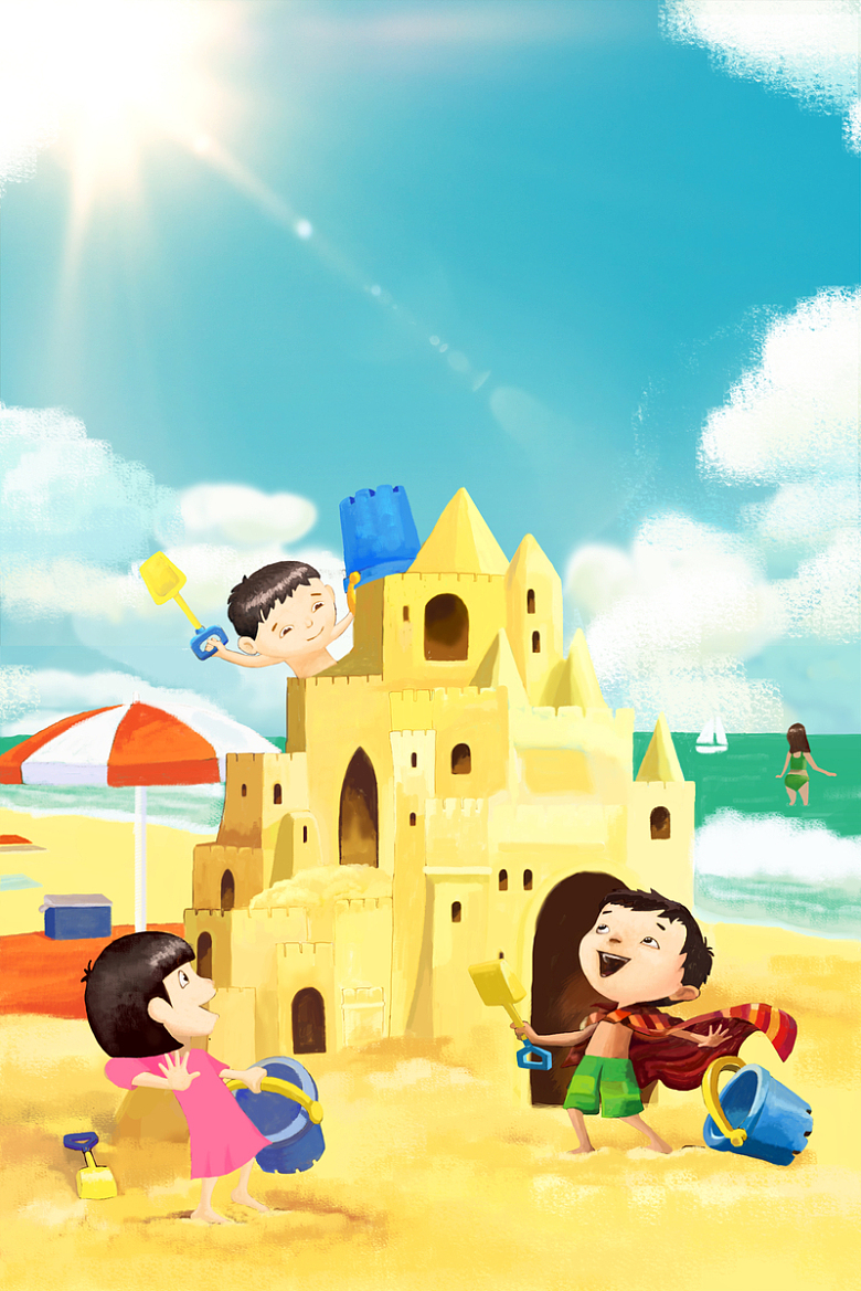 卡通沙滩玩耍六一儿童节海报