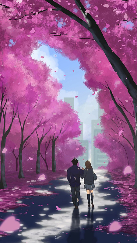 樱花下的情侣插画h5背景