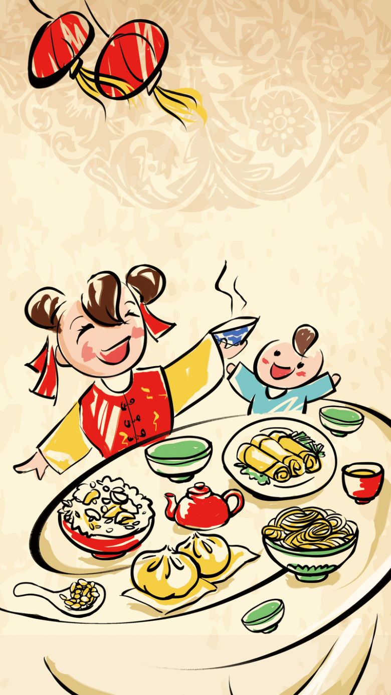 卡通手绘儿童年夜饭h5背景psd分层下载