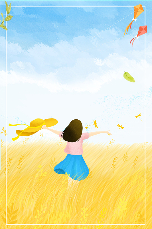 手绘蓝天白云稻穗女孩插画平面广告