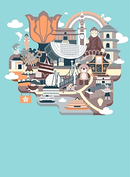 手绘矢量旅游香港景点蓝色白云地图海报背景