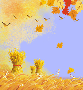 卡通大雁稻草蜻蜓叶子紫色背景素材