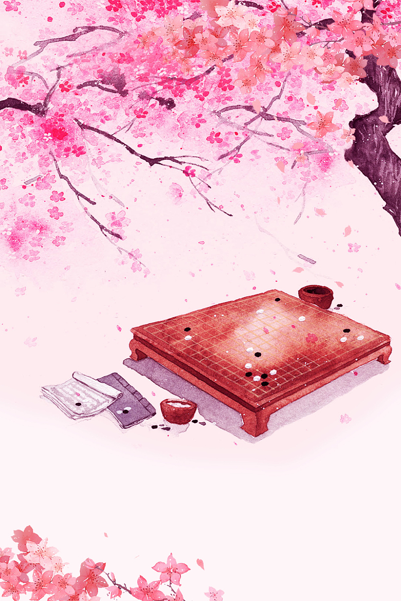 粉色手绘桃花节春游桃花树下棋盘背景