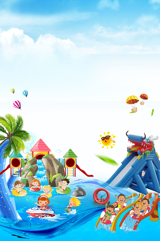 乐园海报psdjpg缤纷卡通水上派对游泳海报jpg多彩快乐儿童节海报psd