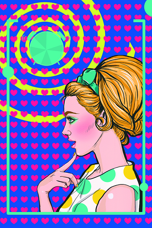 波普风卡通黄发女郎粉色桃心蓝色创意背景