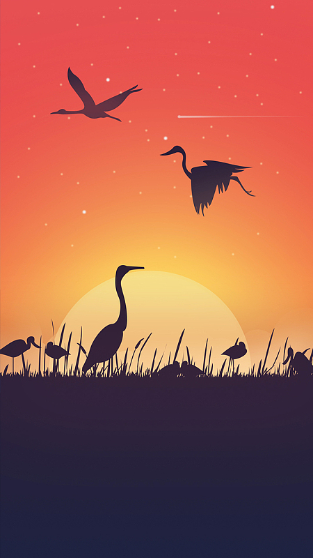 卡通晚霞候鸟矢量背景海报图