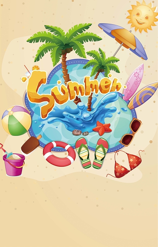 插画png一滩蓝色的水png一棵椰树png一座城堡png夏日度假小女孩吃西瓜