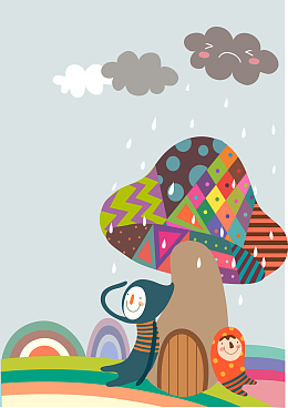卡通彩色大树避雨下雨云朵背景