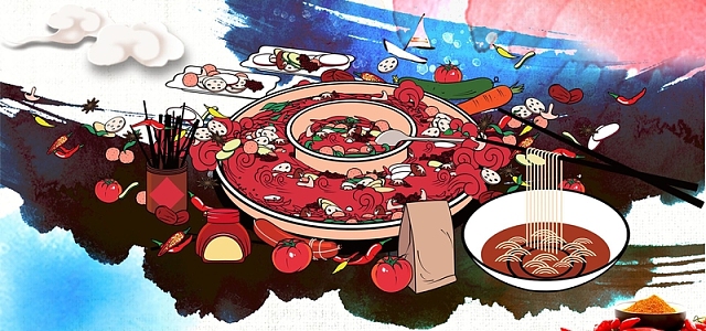 火锅水彩红色海报背景