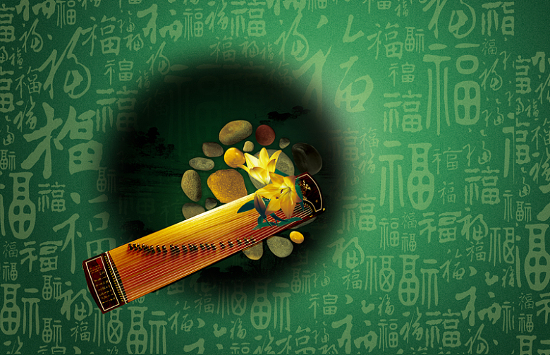 中国风绿色古典古筝文化背景素材