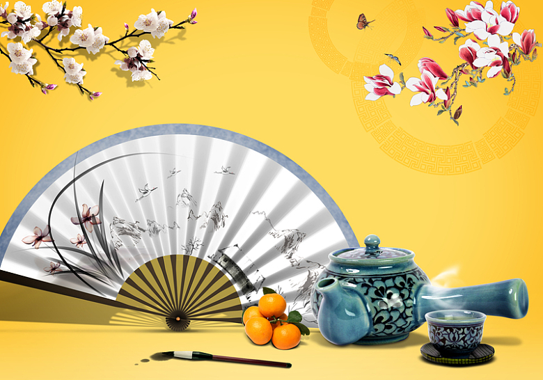 中国风梅花兰花与扇子背景素材