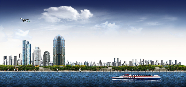海景城市大气商务蓝色淘宝海报背景
