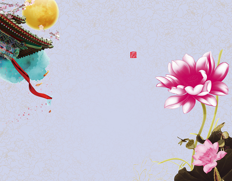 中国风鼓墙头下的手绘莲花背景素材