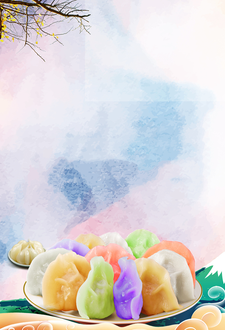 五彩饺子树枝水雾食品海报背景