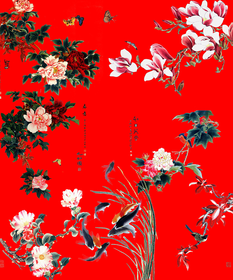 中国风红色工笔花鸟图背景素材