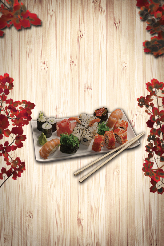 木纹花卉寿司料理店海报背景素材