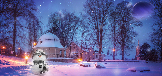 冬季雪夜紫色梦幻场景
