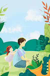 手绘父女郊游插画背景图
