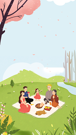 手绘一家人春游野营