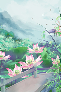 手绘远眺风景图