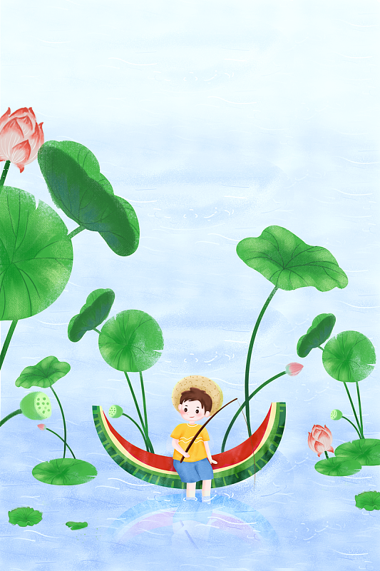 立夏二十四节气荷花荷叶手绘人物西瓜