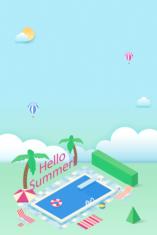 夏天立夏二十四节气热气球白云椰子树