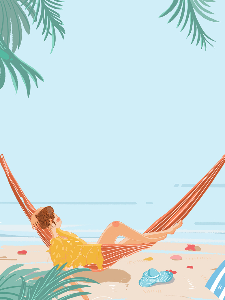 海滩吊床手绘背景图