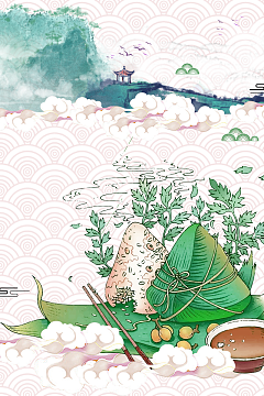 端午节背景手绘粽子祥云山水画