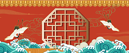 红色海上白鹤背景墙