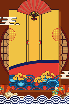 扇子，海浪，窗格，古代亭台楼阁