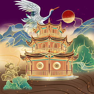 仙鹤,建筑楼阁,云,山,古风