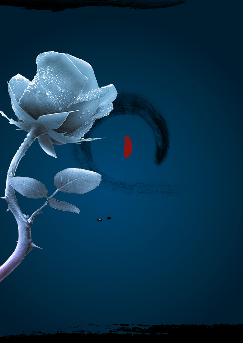 中国风水墨玫瑰花蓝色背景素材