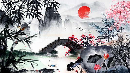 水墨古风竹枝荷花背景图