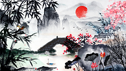 水墨古风竹枝荷花背景图