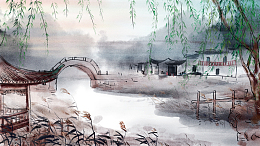 水墨古风柳条亭台背景图