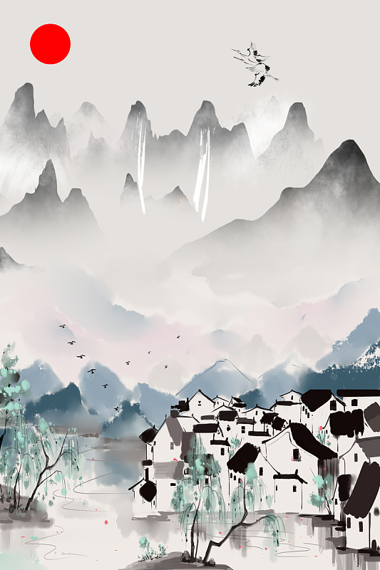 手绘古风远山飞檐元素图