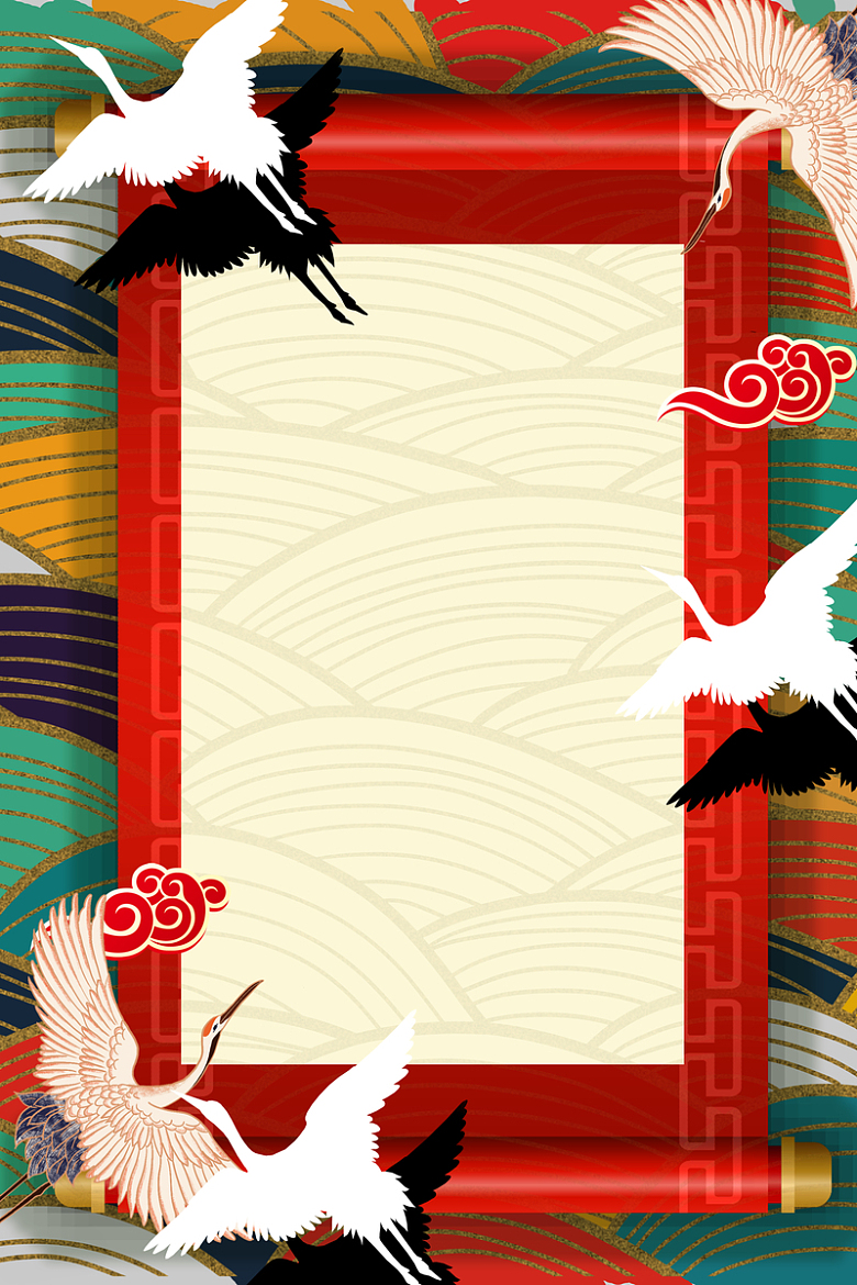 国潮丹顶鹤背景图手绘元素图
