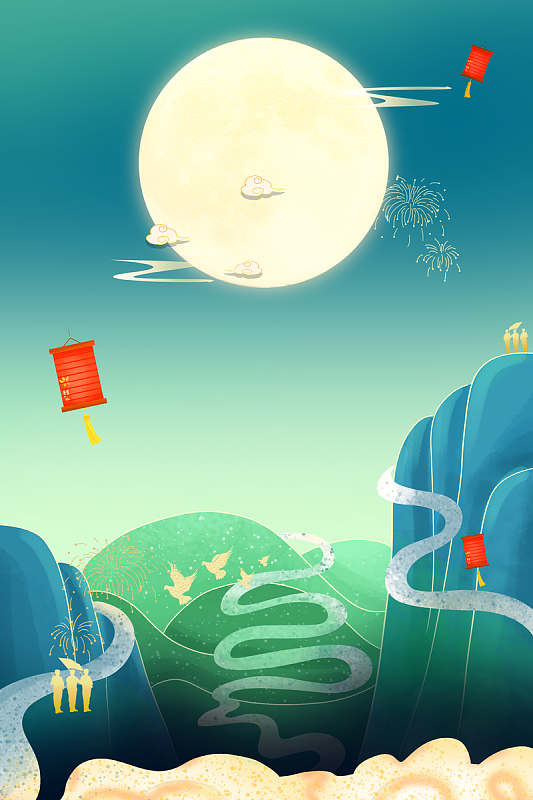 中秋背景月亮灯笼山祥云