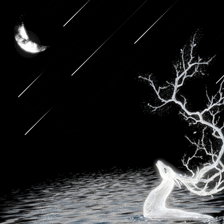 月夜白鹿戏水元素底图